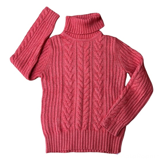 EDDIE BAUER coral coloured chunky cable knit turtleneck angora blend sweater - Picture 4 of 14